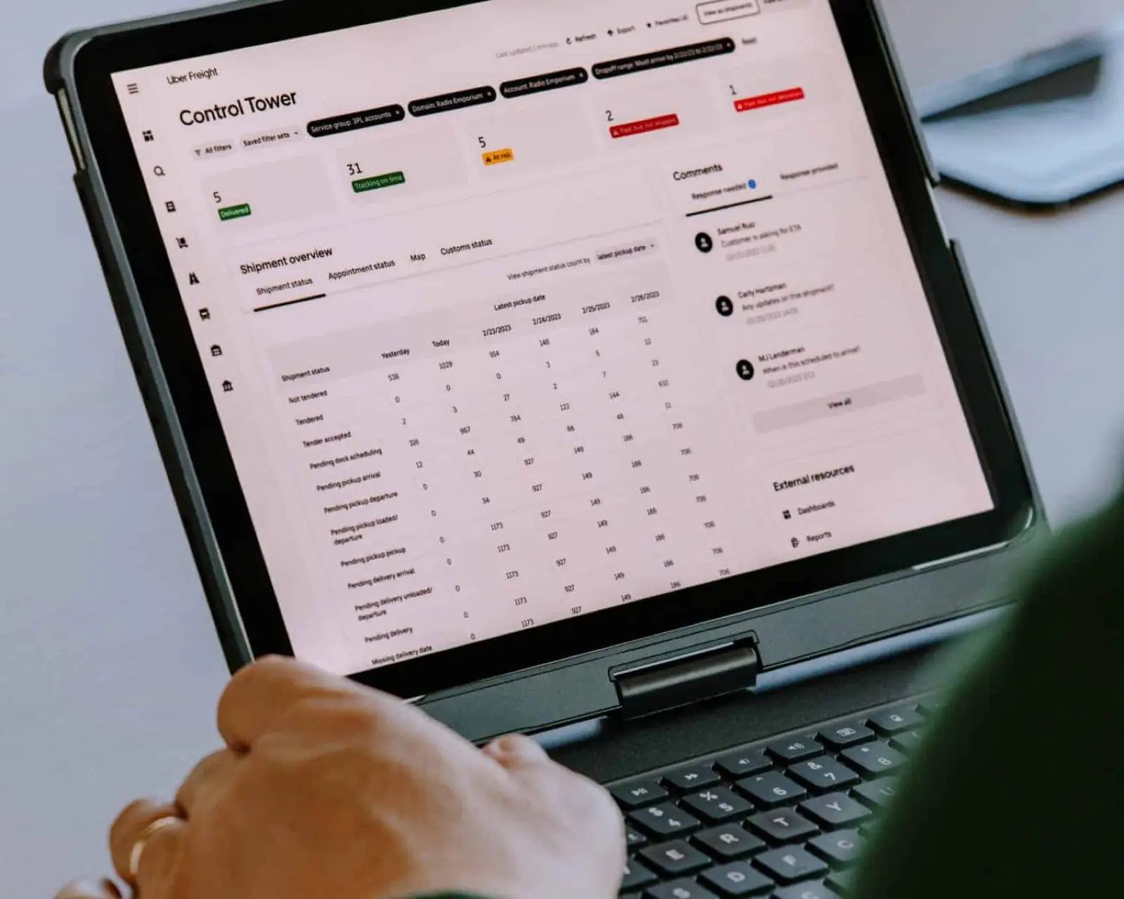 Dispatch control tower dashboard on a tablet